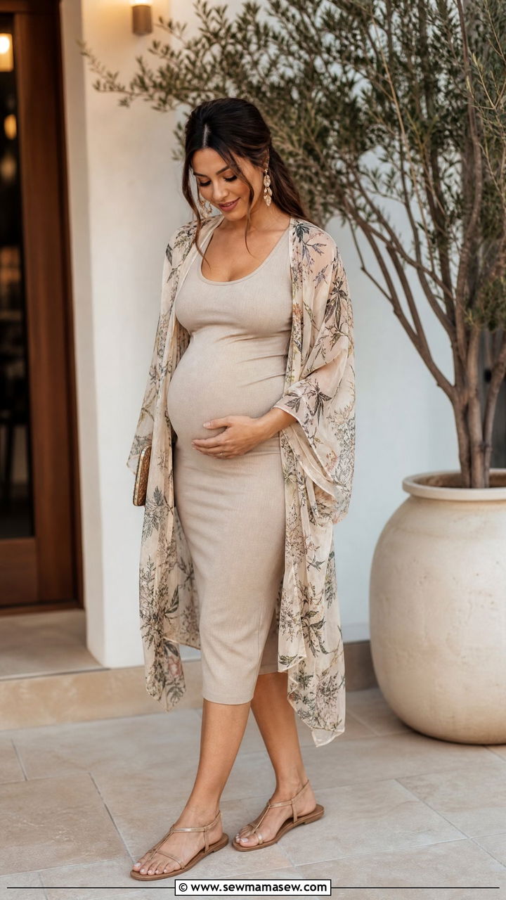 Bodycon Midi Dress with Lightweight Kimono - 30 Summer outfit ideas for pregnant women