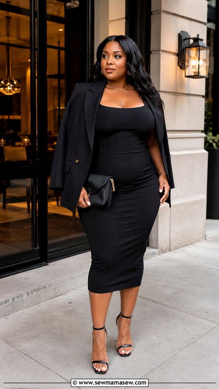 Bodycon Midi Dress with Structured Blazer - 30 plus size dinner outfit ideas