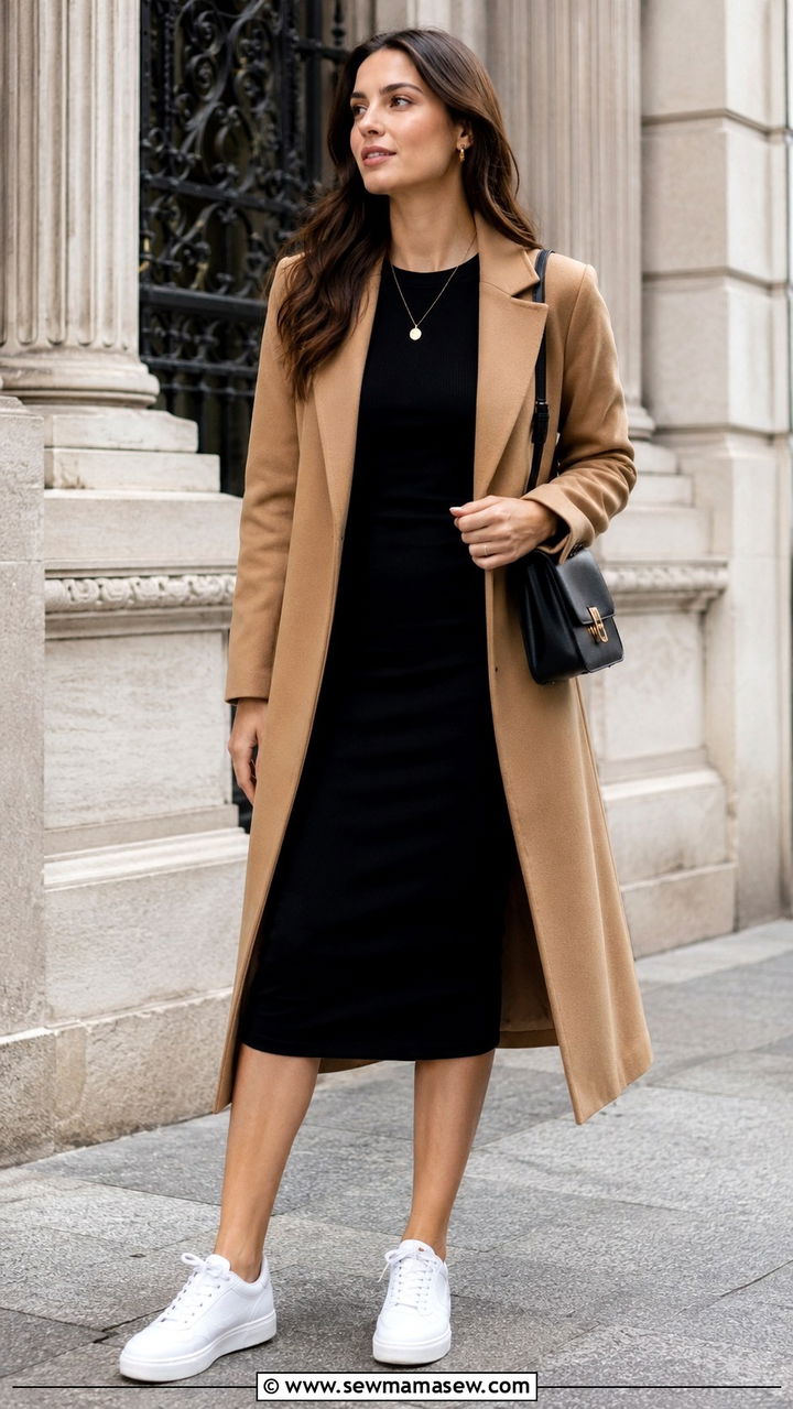 Bodycon dress with camel coat and sneakers - 30 Bodycon dress outfit ideas with sneakers