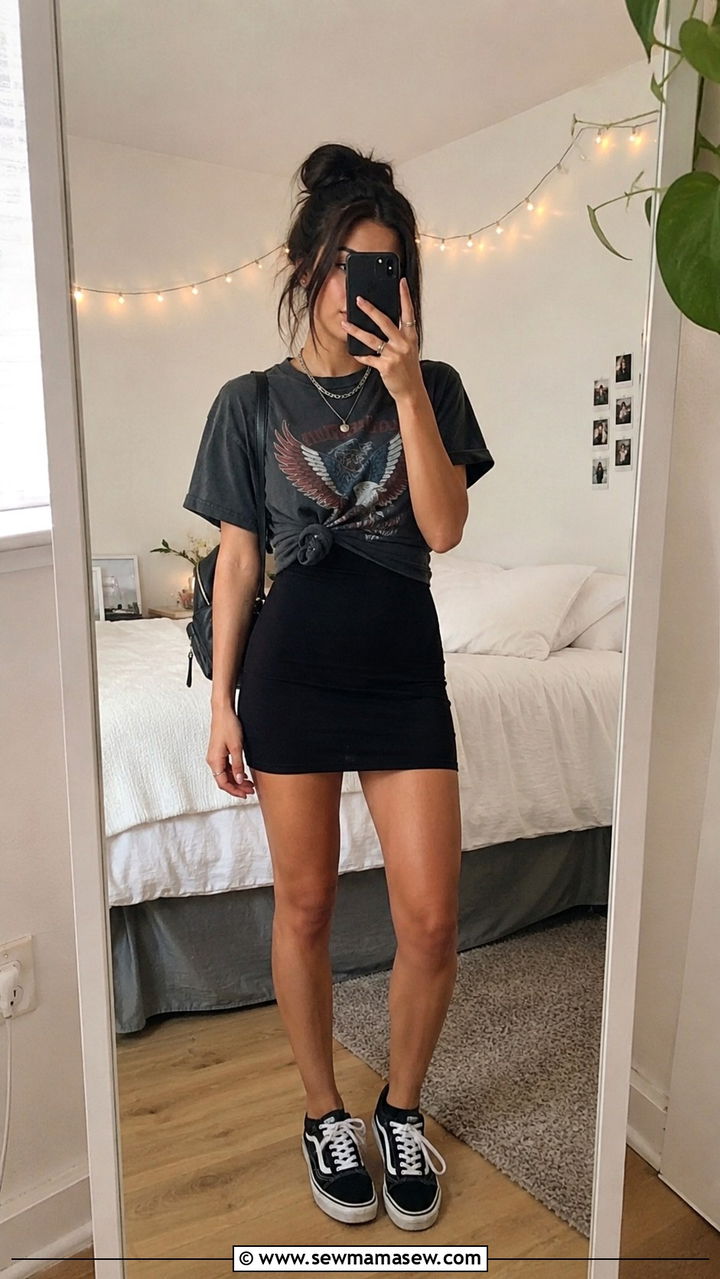 Bodycon dress with graphic tee tied and sneakers - 30 Bodycon dress outfit ideas with sneakers