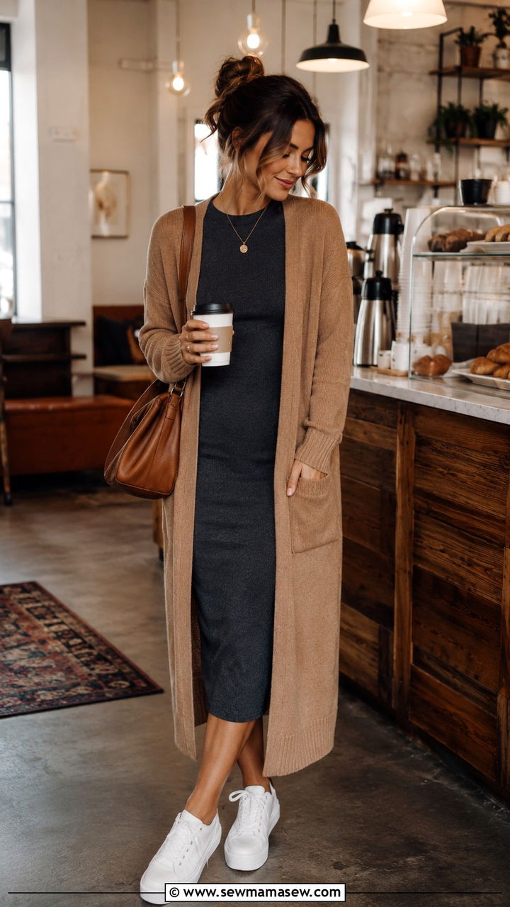 Bodycon dress with long cardigan and sneakers - 30 Bodycon dress outfit ideas with sneakers