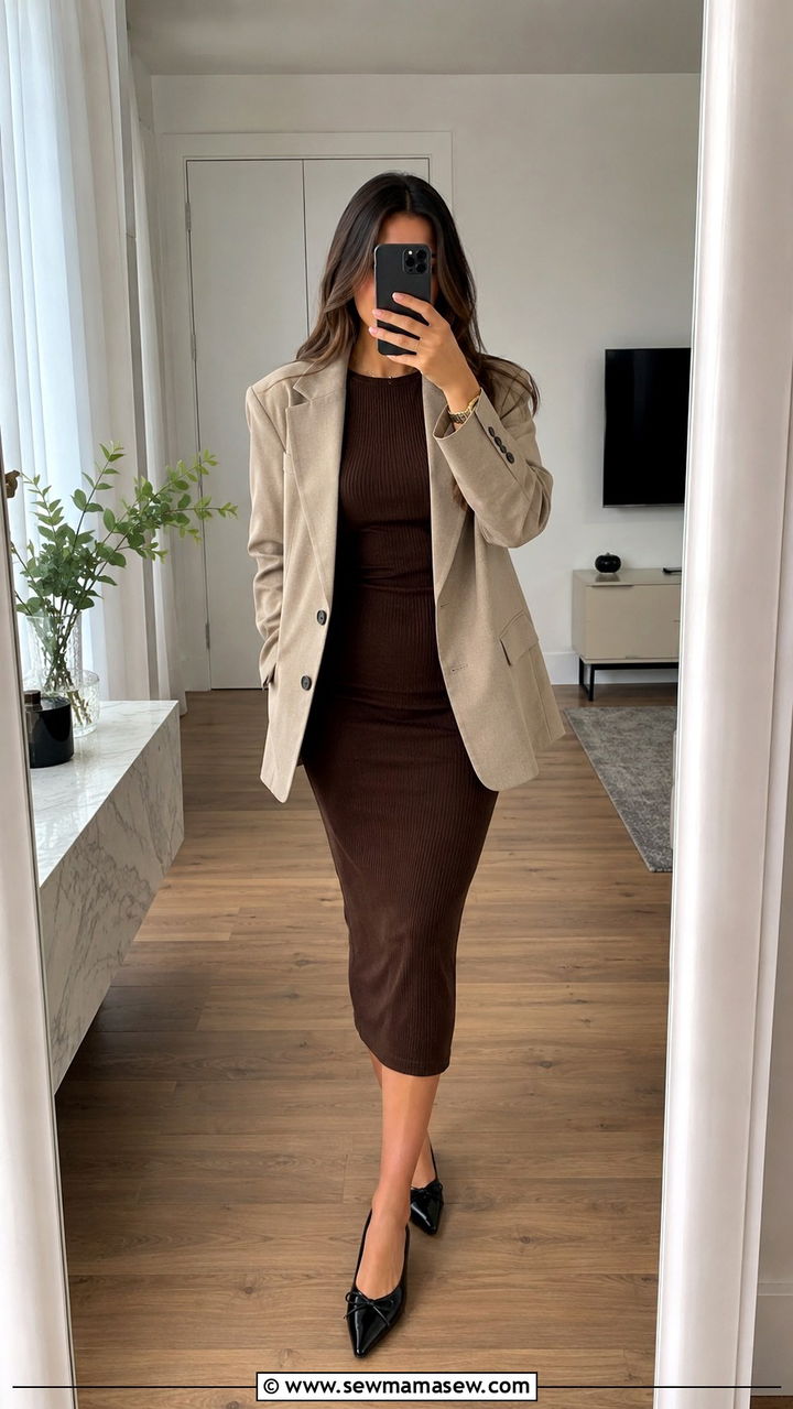 Bodycon midi dress with ballet flats - 25 Midi dress with ballet flats outfit ideas