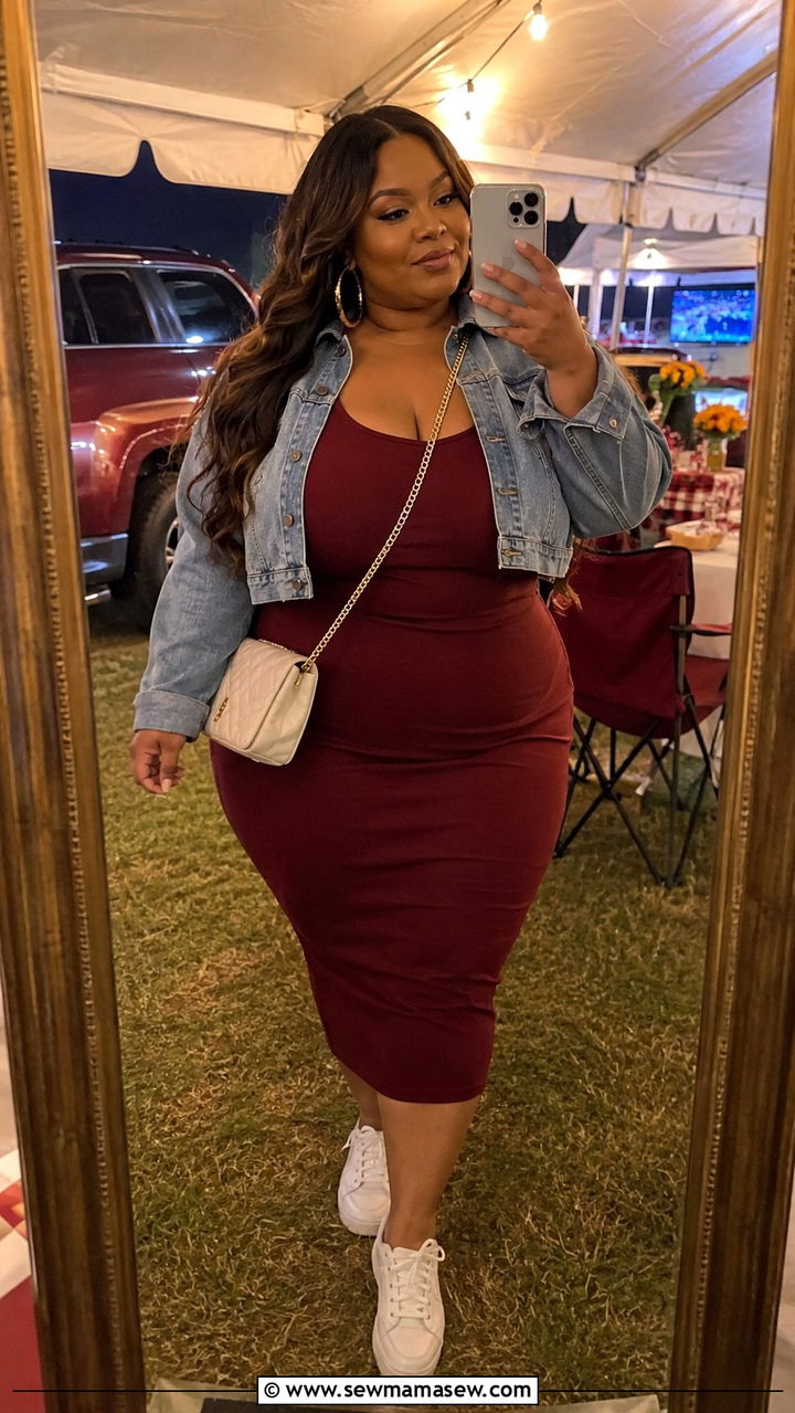 Bodycon midi dress with denim jacket and sneakers outfit - 30 Plus size tailgate outfit ideas