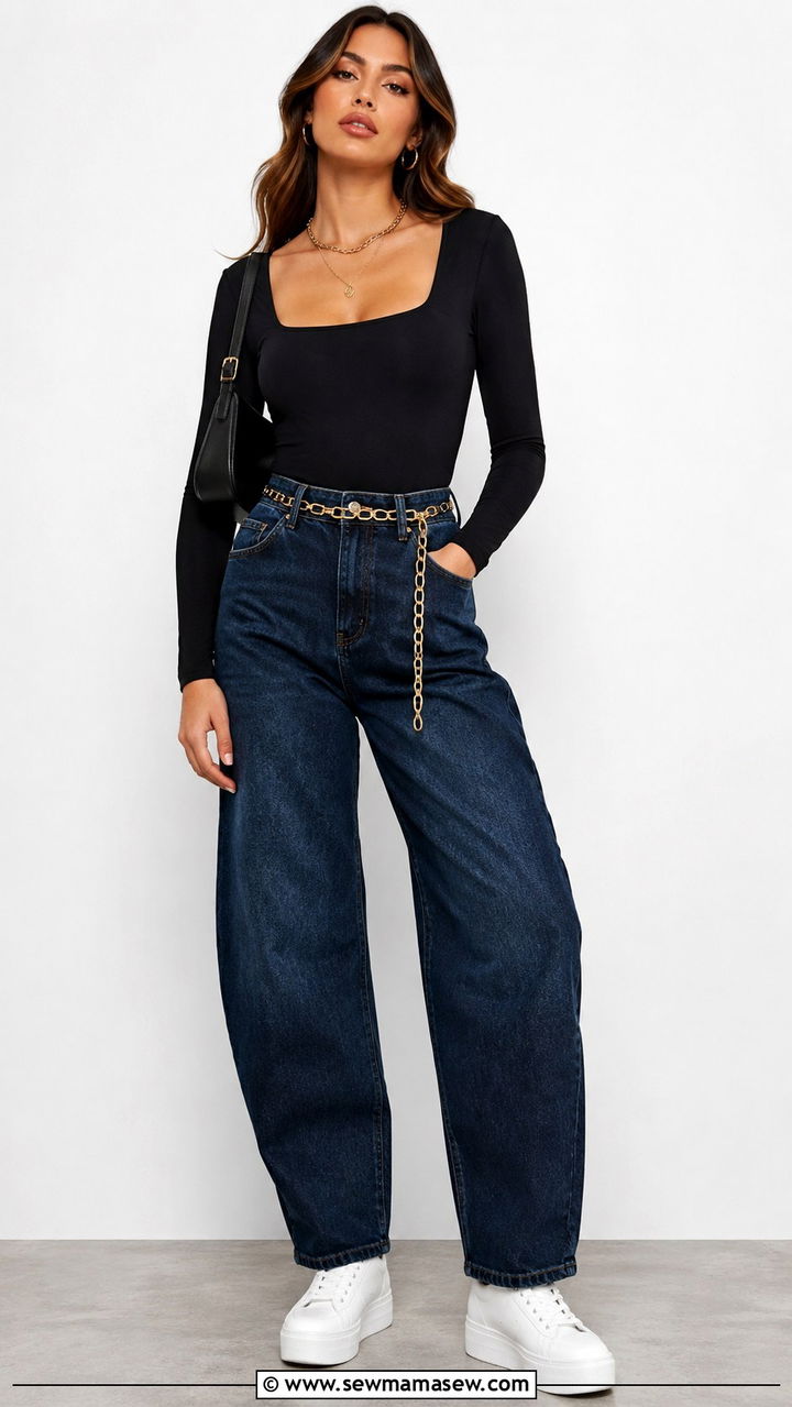 Bodysuit And Barrel Jeans With White Sneakers - 25 Barrel jeans outfit ideas with white sneakers