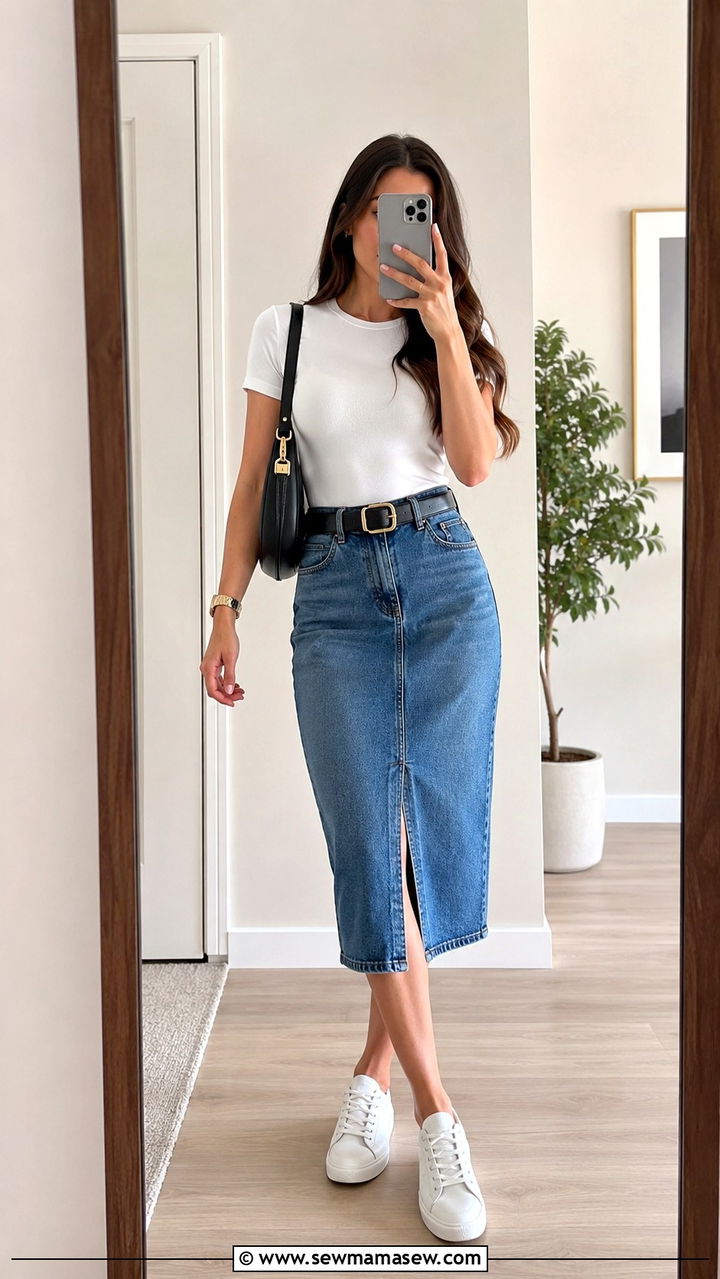 Bodysuit And Denim Skirt With Chunky Belt And Sneakers - 30 Denim skirt outfit ideas with sneakers