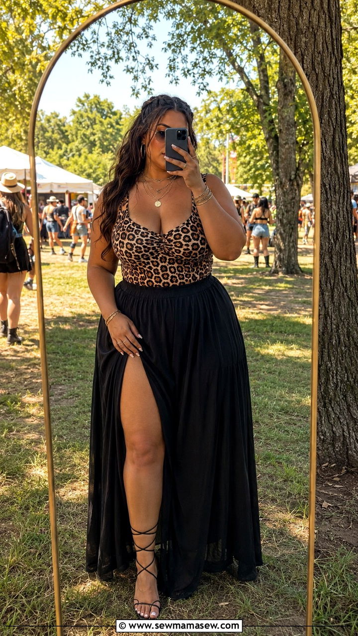 Bodysuit And Flowy Maxi Skirt With Statement Jewelry - 30 Plus size concert outfit ideas