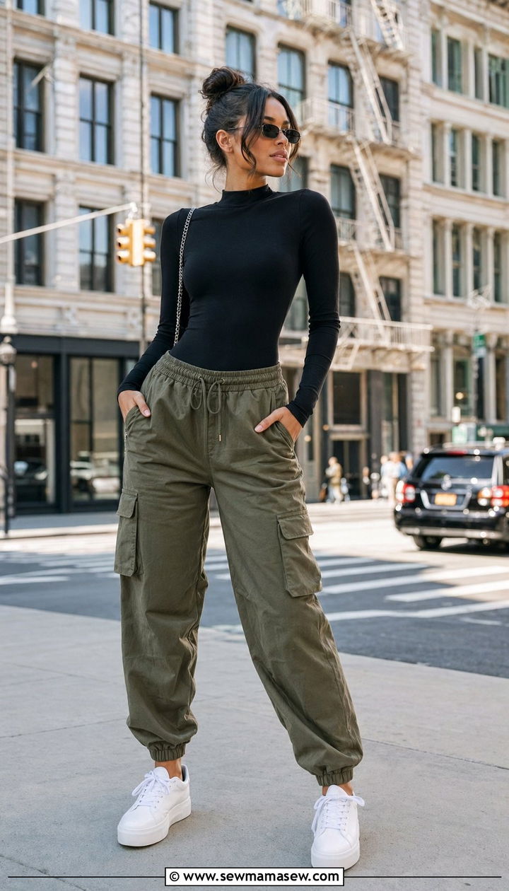 Bodysuit With Cargo Joggers and Platform Sneakers - 35 athleisure outfit ideas for women