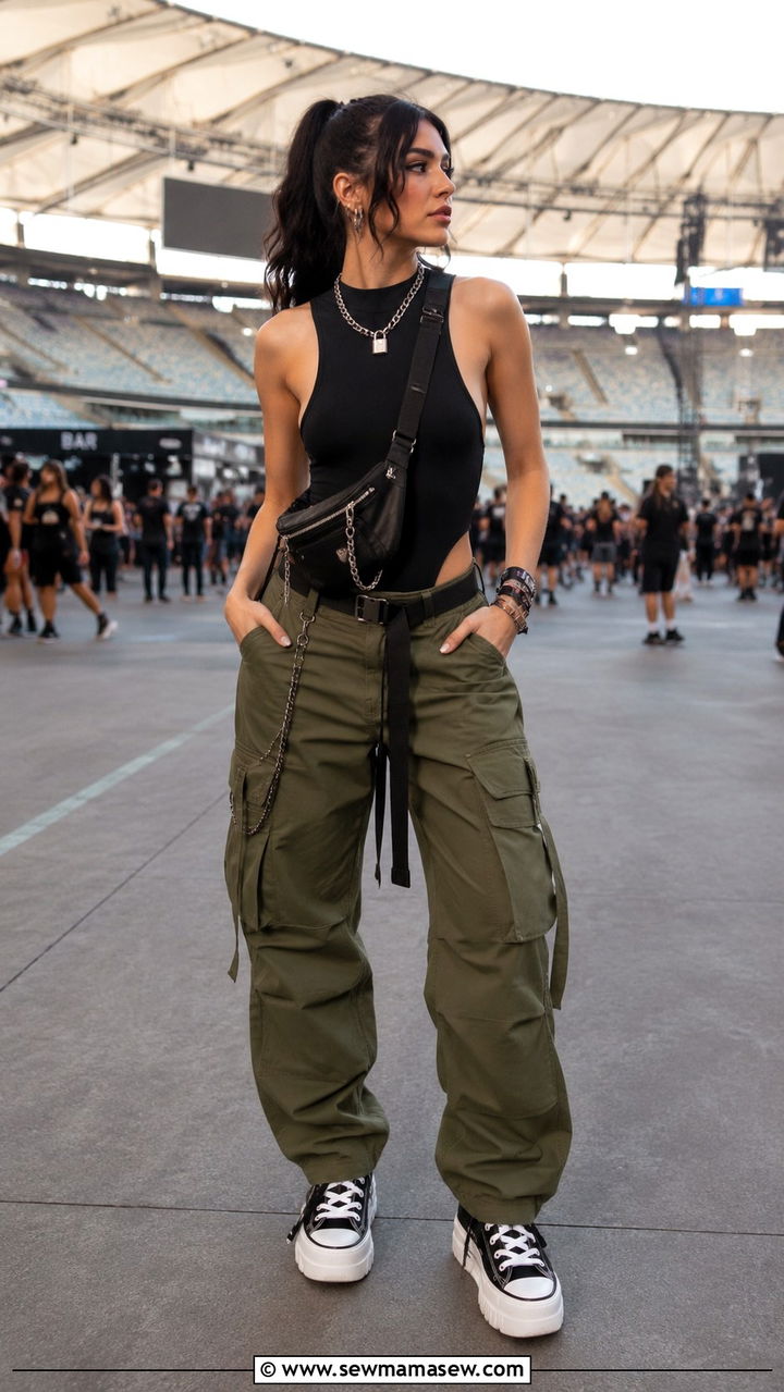 Bodysuit With Cargo Pants And Platform Sneakers - 30 Stadium concert outfit ideas