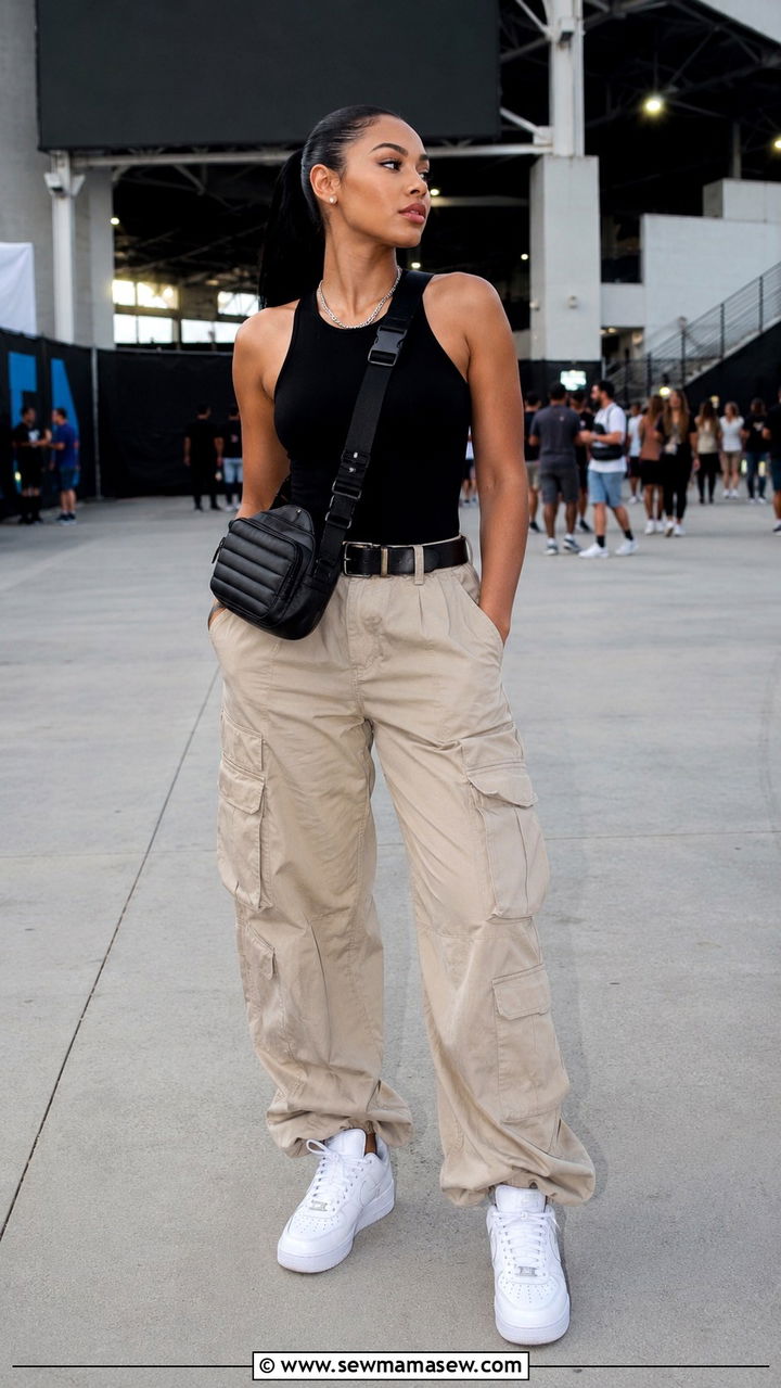 Bodysuit With Cargo Pants And Sneakers Outfit - 30 chic concert outfits for women