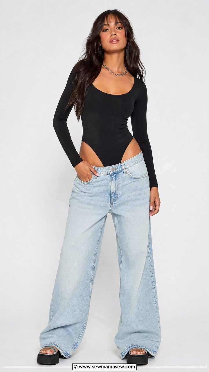 Bodysuit With Low Rise Wide Leg Jeans - 30 Pop concert outfit ideas
