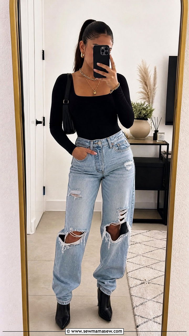 Bodysuit With Ripped Jeans And Gold Jewelry - 25 Bad Bunny concert outfit ideas