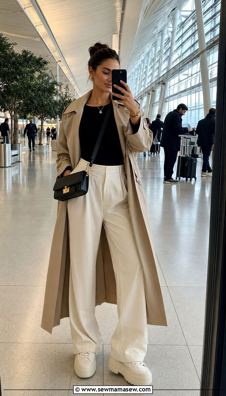 Bodysuit With Wide Leg Trousers And Platform Sneakers - 35 Airport outfit ideas with sneakers