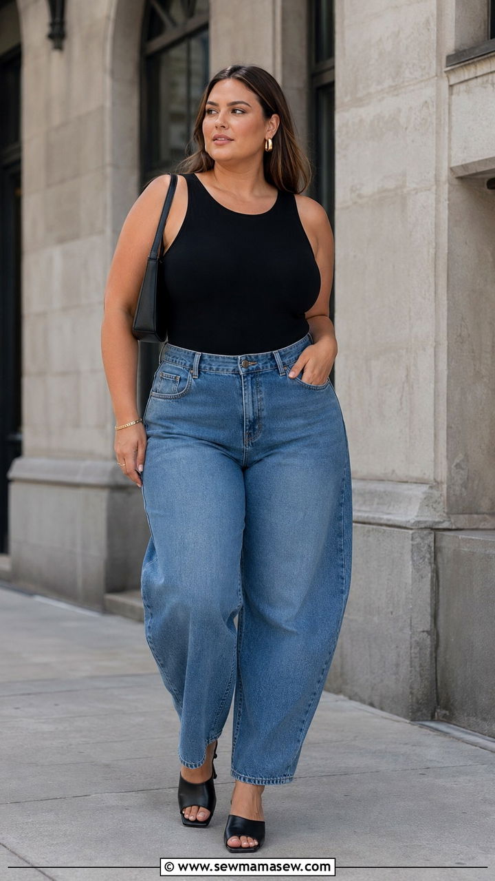 Bodysuit and Barrel Leg Jeans Outfit - 30 Minimalist outfit ideas plus size