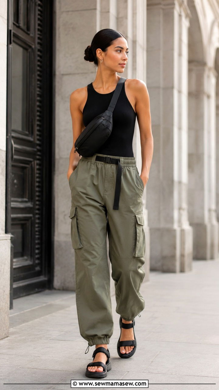 Bodysuit and Cargo Pants with Sporty Sandals - 30 cute travel outfits
