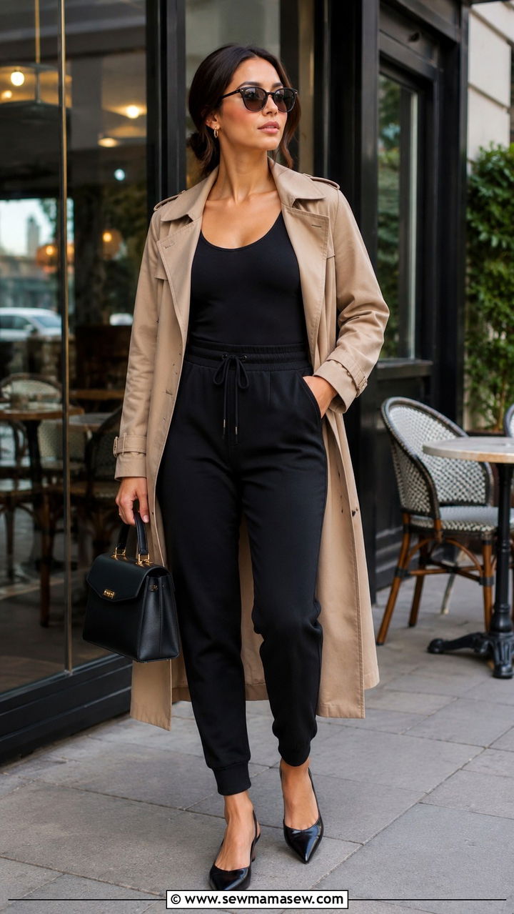 Bodysuit and Trench Coat with Tapered Joggers - 30 joggers outfit ideas for women