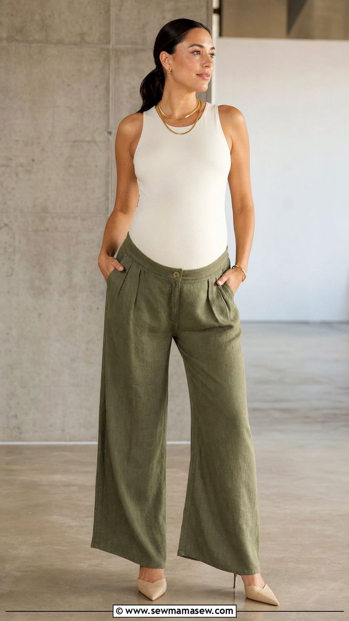 Bodysuit and Wide Leg Linen Pants Maternity Photo Outfit - 25 Summer maternity photo outfits