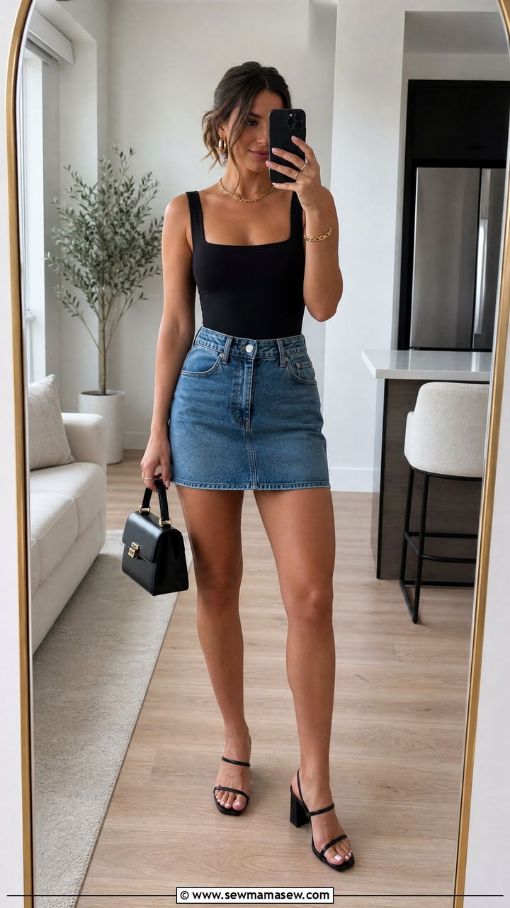 Bodysuit with A line denim mini skirt outfit - 25 classy denim skirt outfits