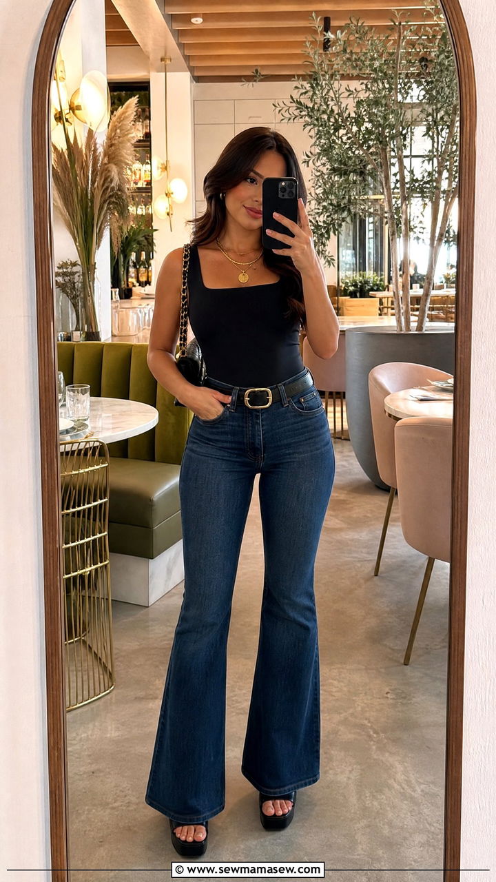 Bodysuit with Flare Jeans and Platform Sandals - 30 Brunch outfit ideas petite