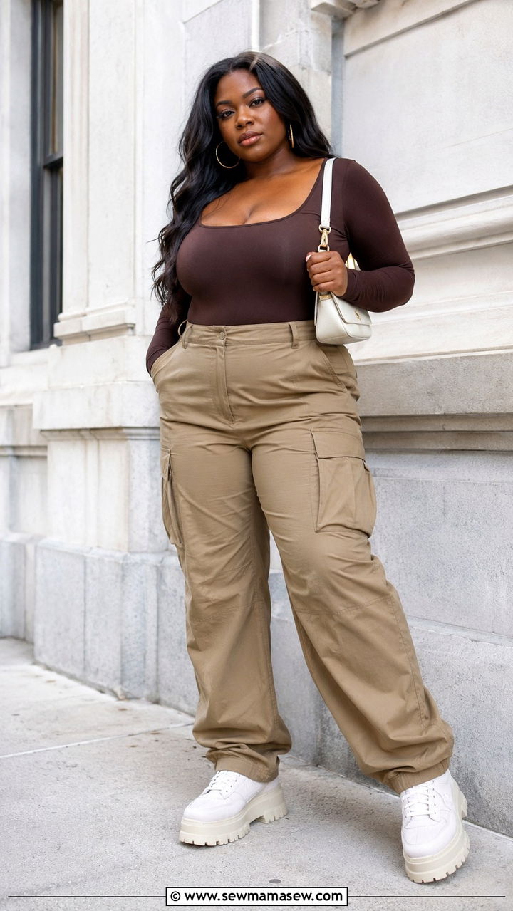 Bodysuit with High Waisted Cargo Pants - 25 Plus size outfit ideas for 14-16