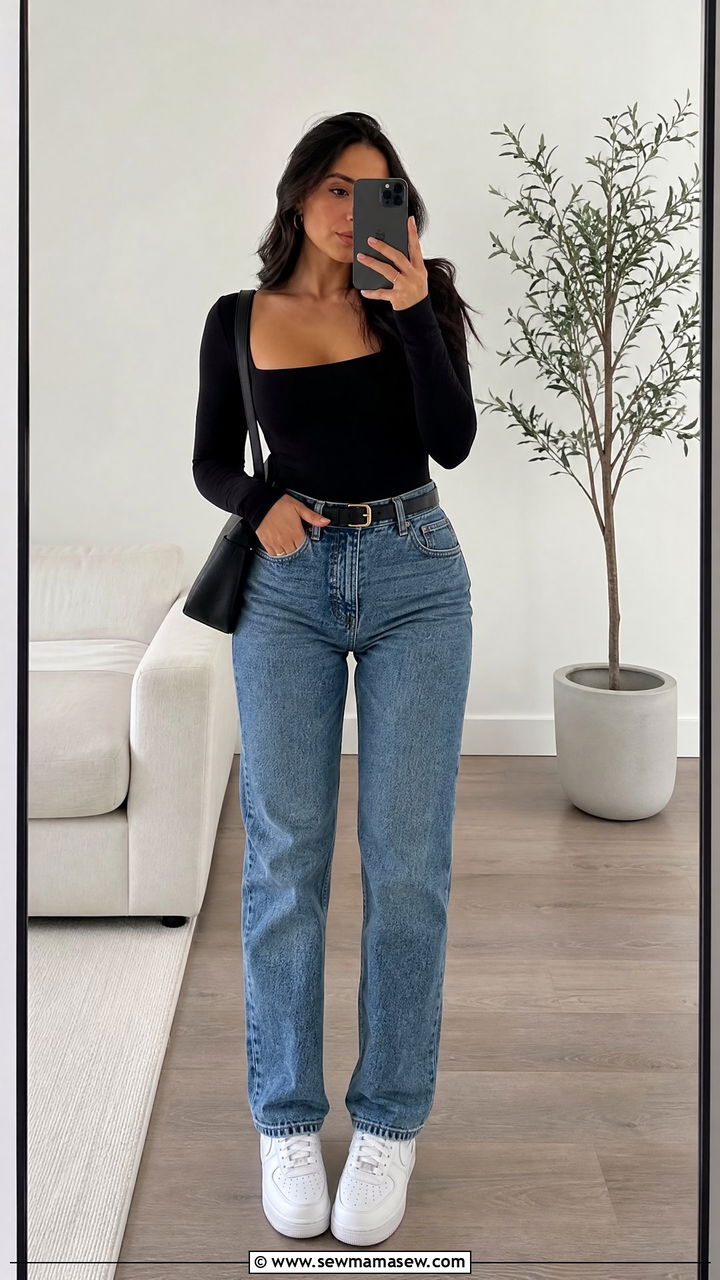 Bodysuit with high waisted jeans and white sneakers - 25 High waisted jeans outfit ideas with white sneakers