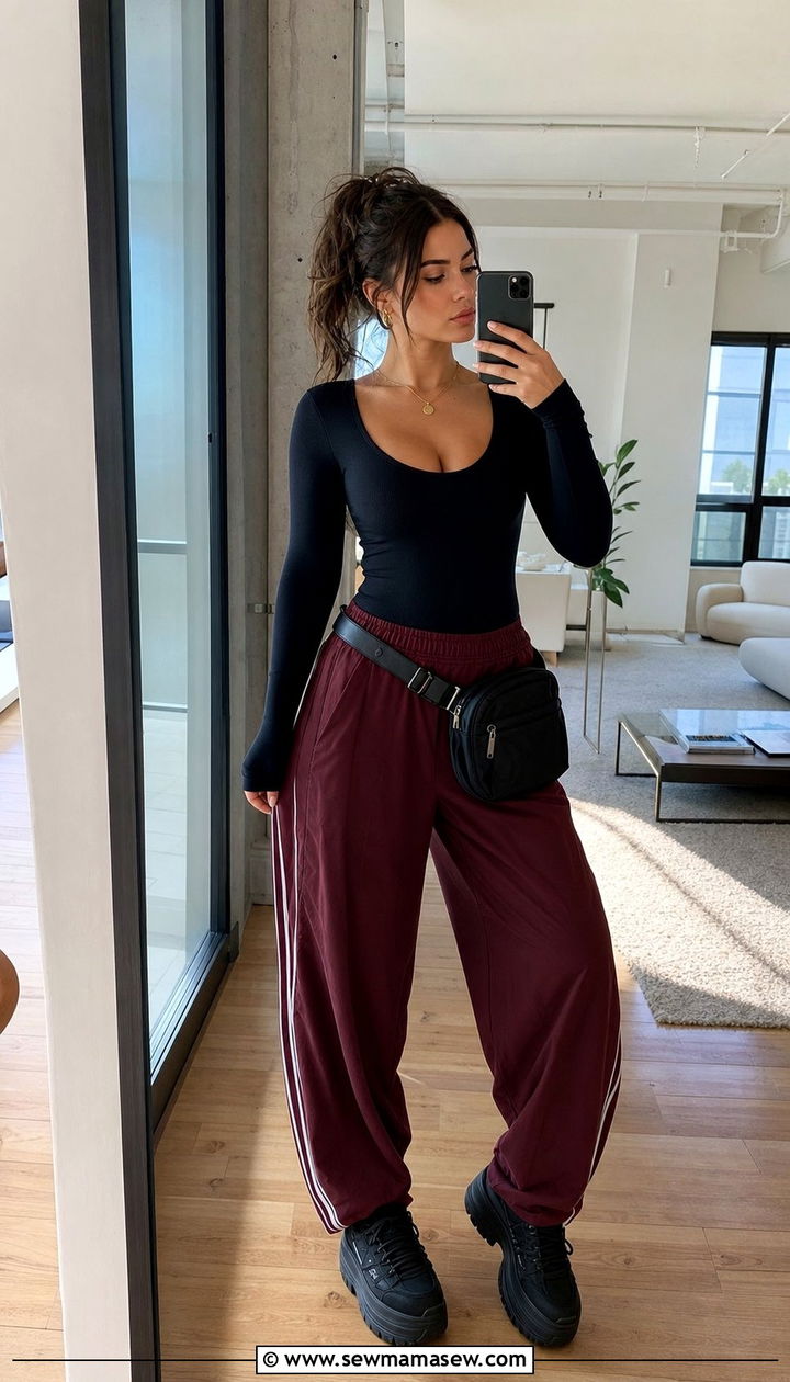 Bodysuit with track pants and a belt bag - 25 sporty chic outfits aesthetic
