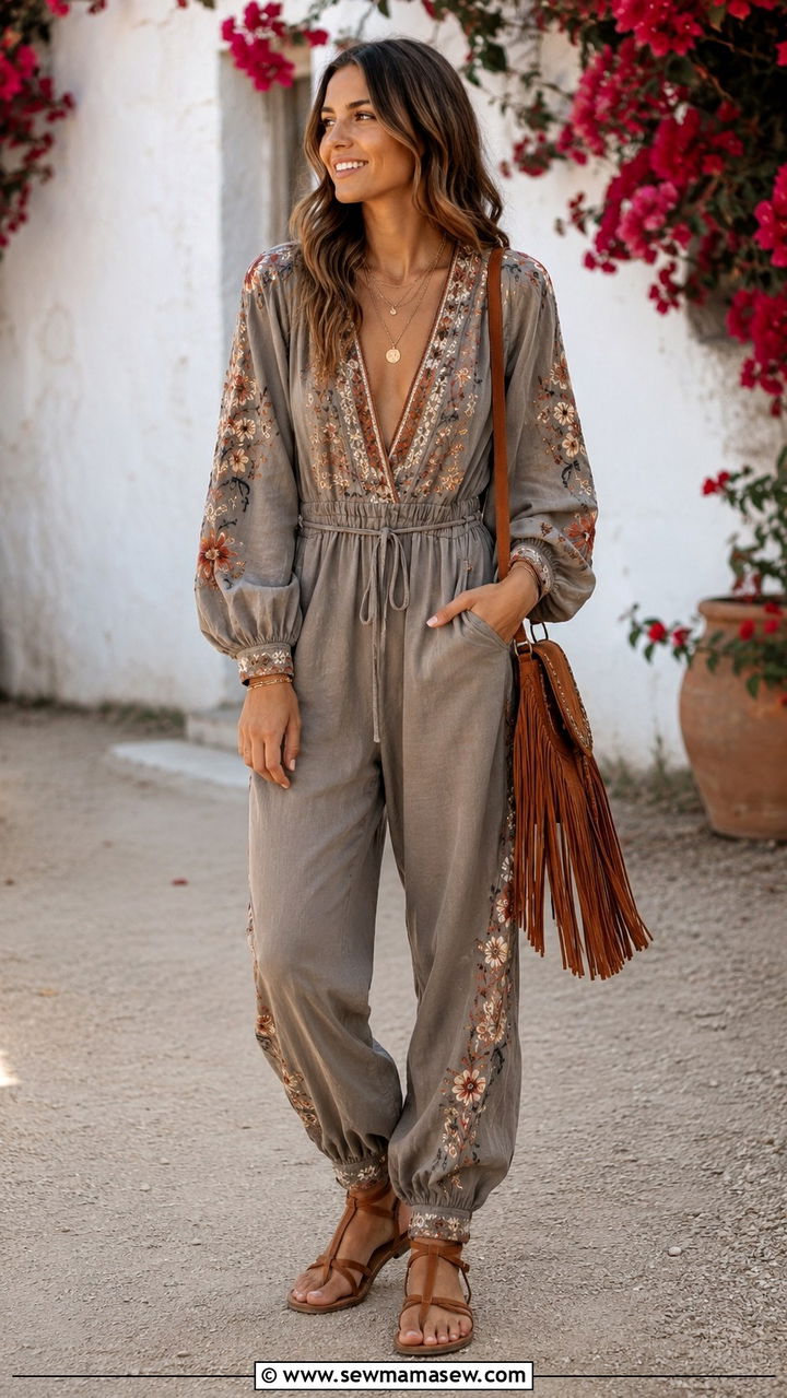 Bohemian Jumpsuit With Layered Necklaces - 30 How to style a jumpsuit in spring
