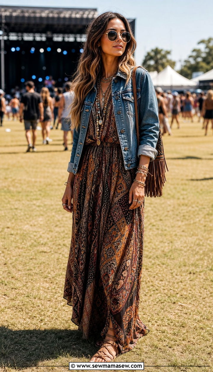 Bohemian Maxi Dress And Denim Jacket Outfit - 25 Easy spring outfit ideas 2026