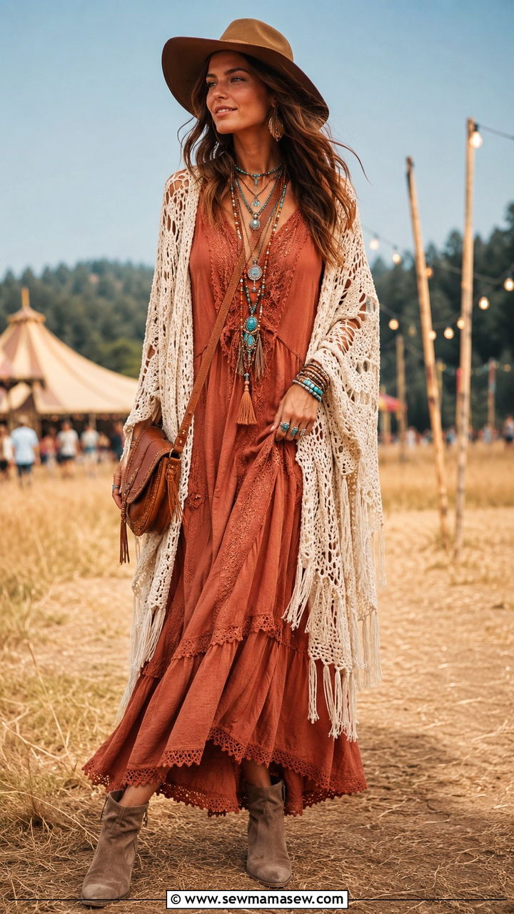 Bohemian Maxi Dress With Crochet Kimono - 30 Maxi dress with a kimono outfit ideas