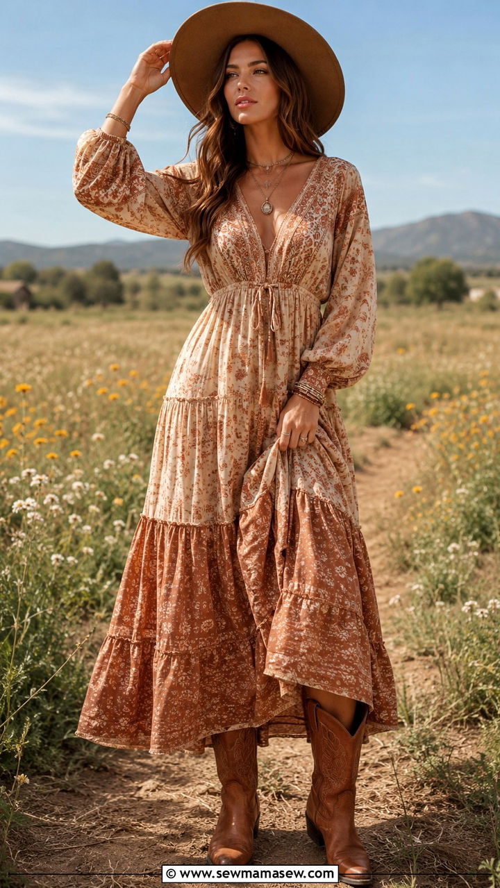 Bohemian Maxi Dress with Cowboy Boots - 30 spring maxi dress outfit ideas