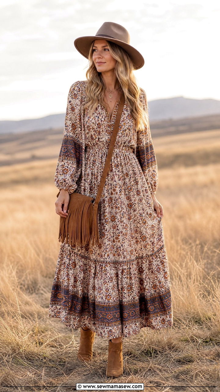 Bohemian Maxi Dress with Felt Hat - 30 modest country concert outfit ideas