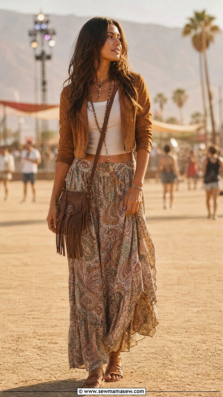 Bohemian Maxi Skirt with Cropped Jacket - 30 modest music festival outfit ideas