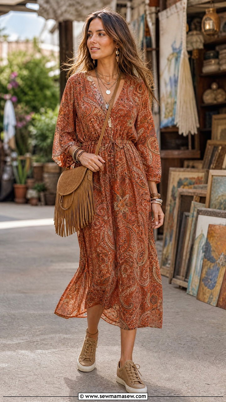 Bohemian Midi Dress With Suede Sneakers - 30 Midi dress outfit ideas with sneakers
