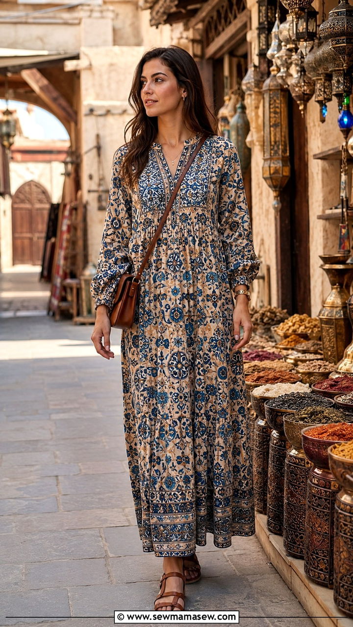 Bohemian Printed Maxi Dress With Leather Sandals - 30 Dubai vacation outfit ideas modest