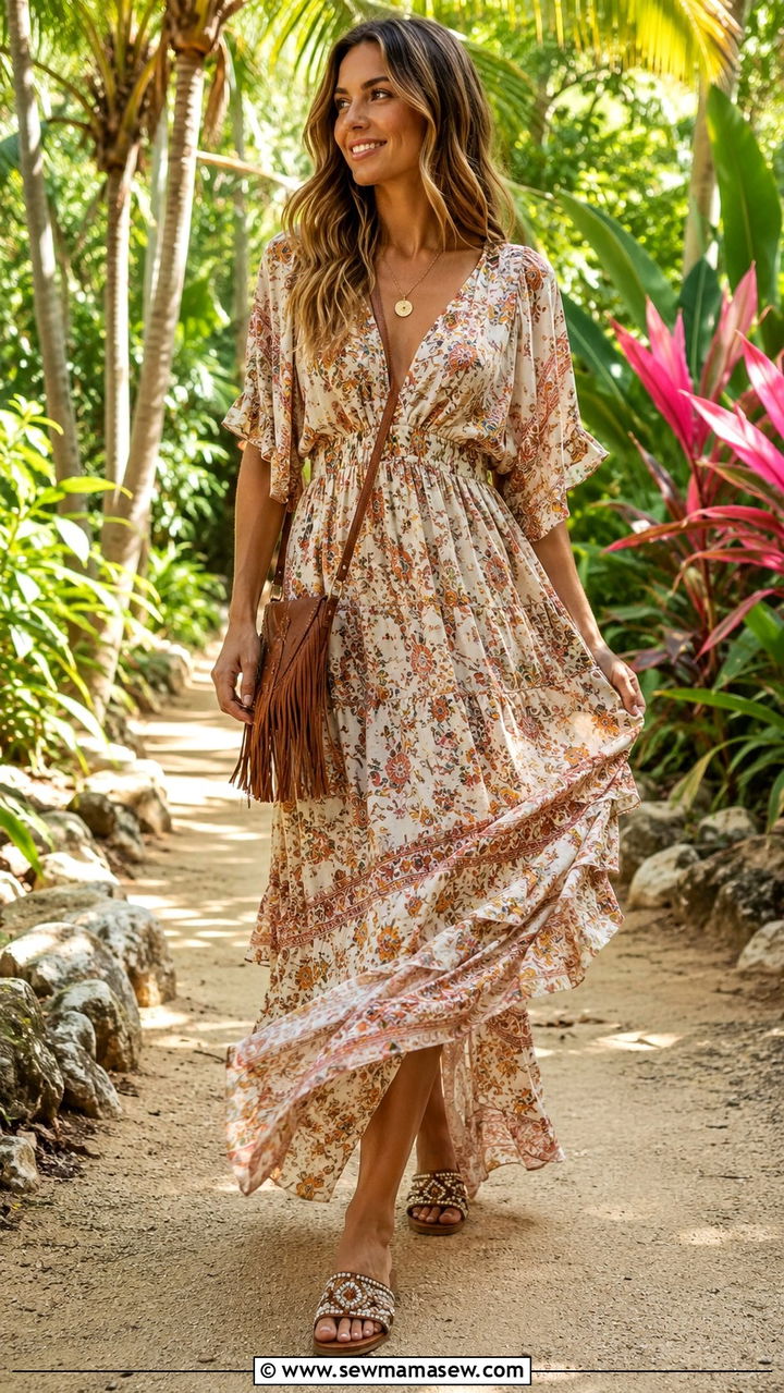 Bohemian Ruffle Maxi Dress and Beaded Sandals Vacation Outfit - 25 2 week vacation outfit ideas