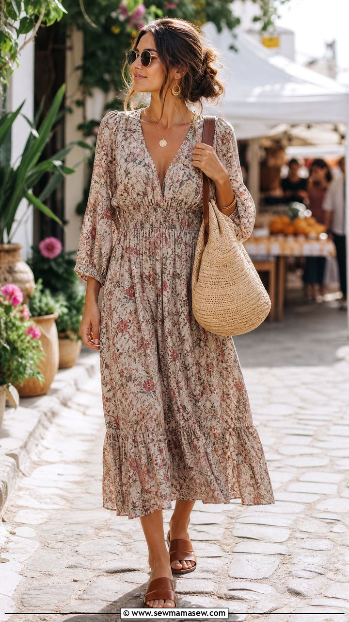 Bohemian dress and raffia bag Bardot look - 25 Brigitte Bardot outfit ideas