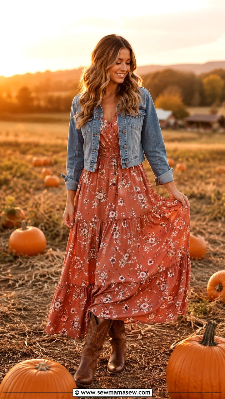 Bohemian maxi dress with a denim jacket and cowboy boots - 30 Pumpkin carving party outfit ideas