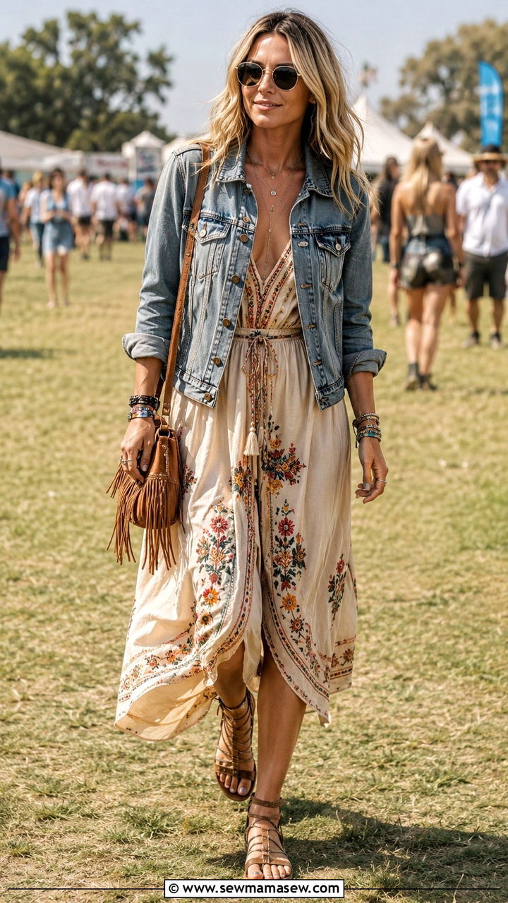Bohemian midi dress with a denim jacket and gladiator sandals - 30 Midi dress outfit ideas with a denim jacket