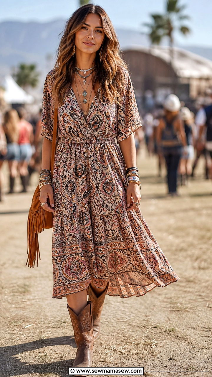 Bohemian printed midi dress with cowboy boots - 40 midi dress outfit ideas