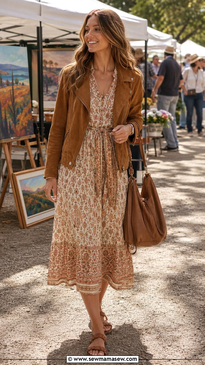 Bohemian printed midi dress with suede jacket and flat sandals - 30 Spring outfits with midi dresses