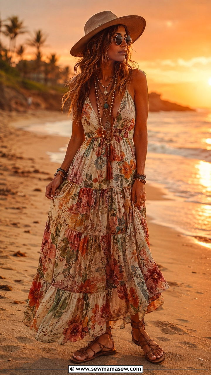 Bohemian tiered maxi dress outfit - 30 classy resort vacation outfit ideas