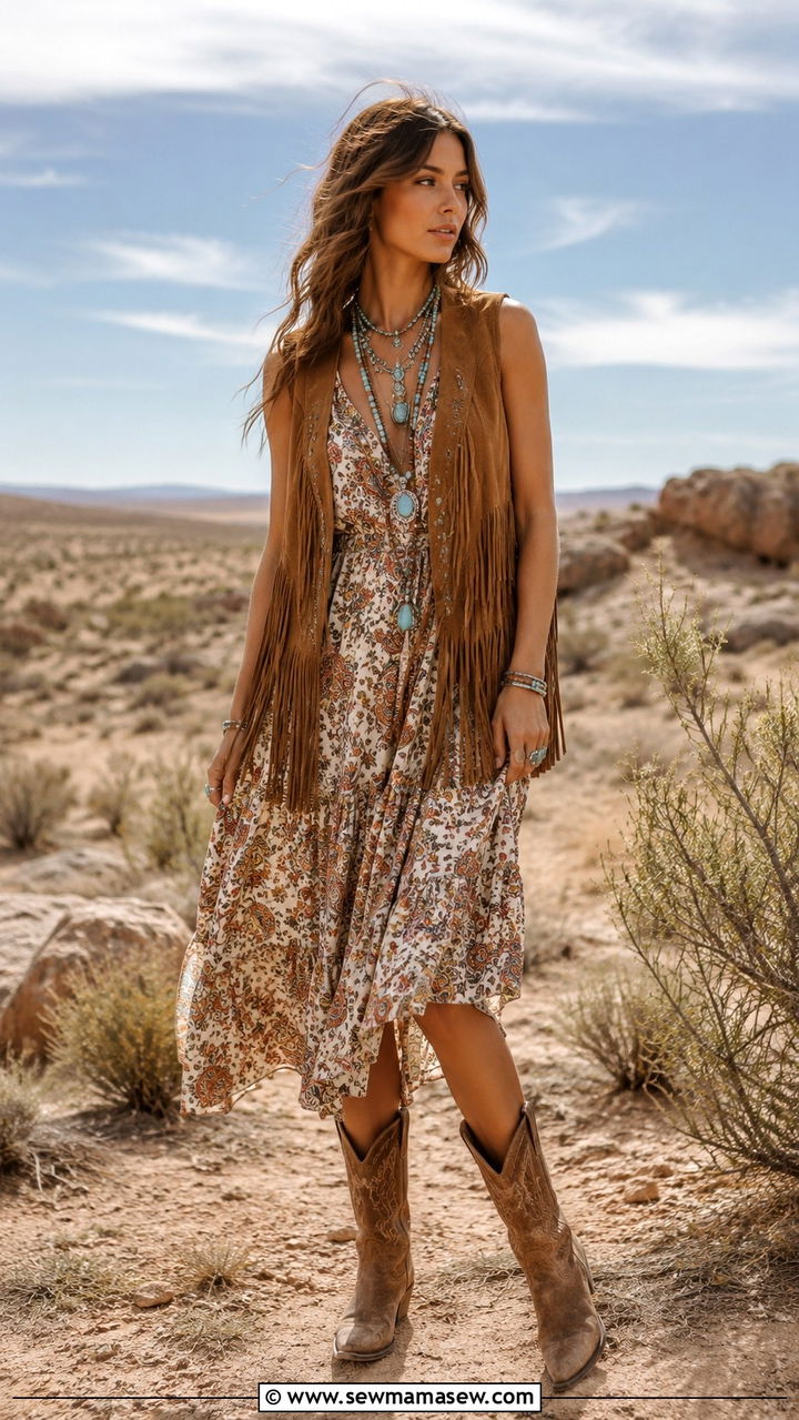 Boho Anarkali Dress With Denim Jacket And Oxidised Layered Necklaces - 25 Boho outfit ideas with layered necklaces