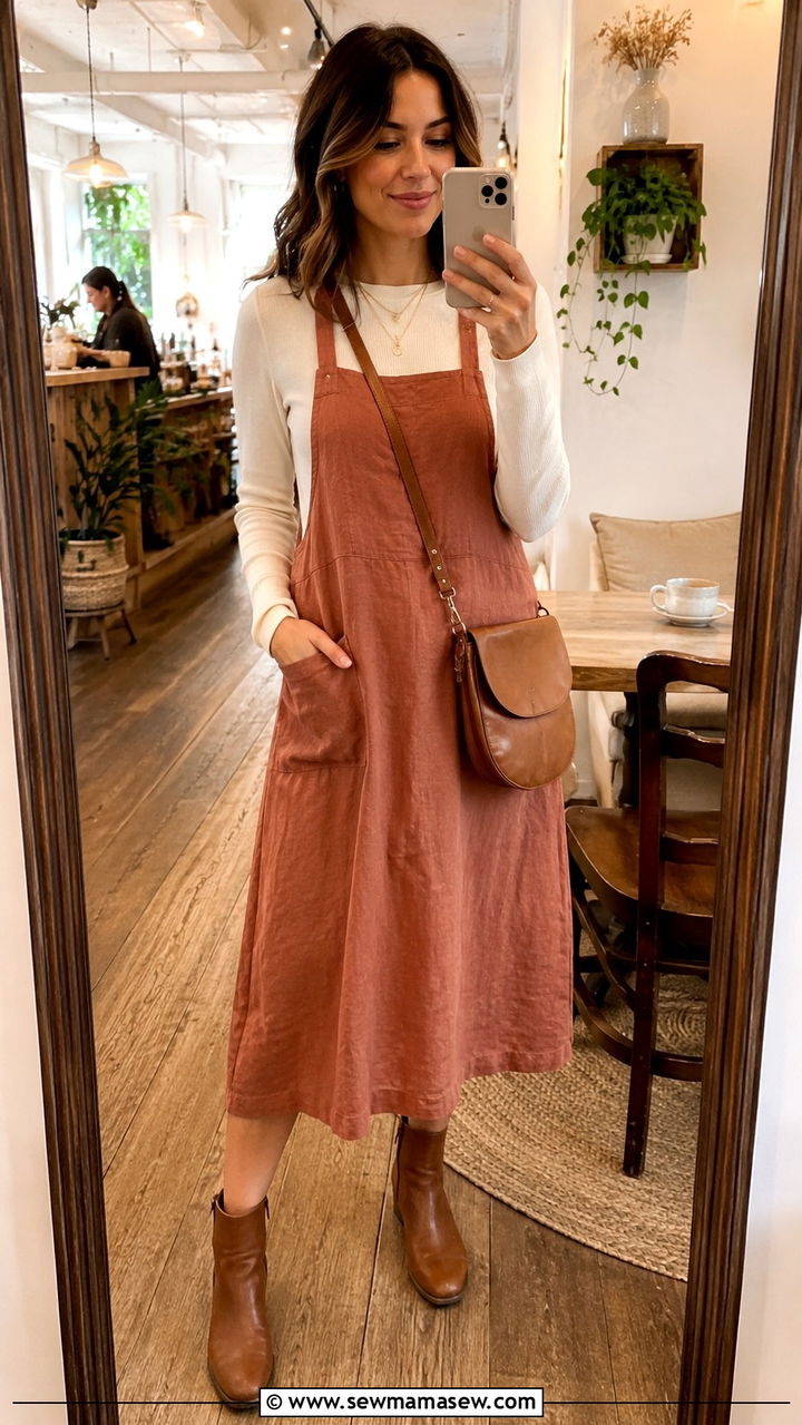 Boho Apron Dress With A Long Sleeve Tee - 30 boho capsule wardrobe outfits