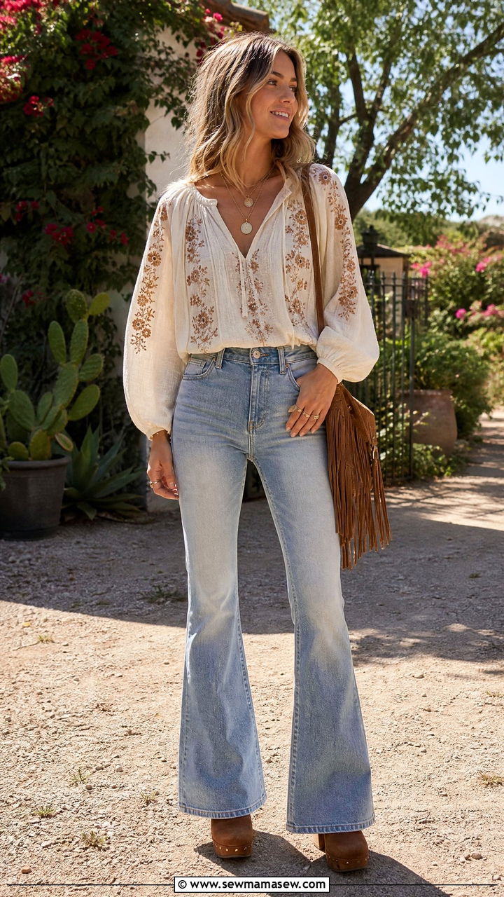 Boho Blouse And Flare Jeans Outfit - 30 Summer outfits with flare jeans