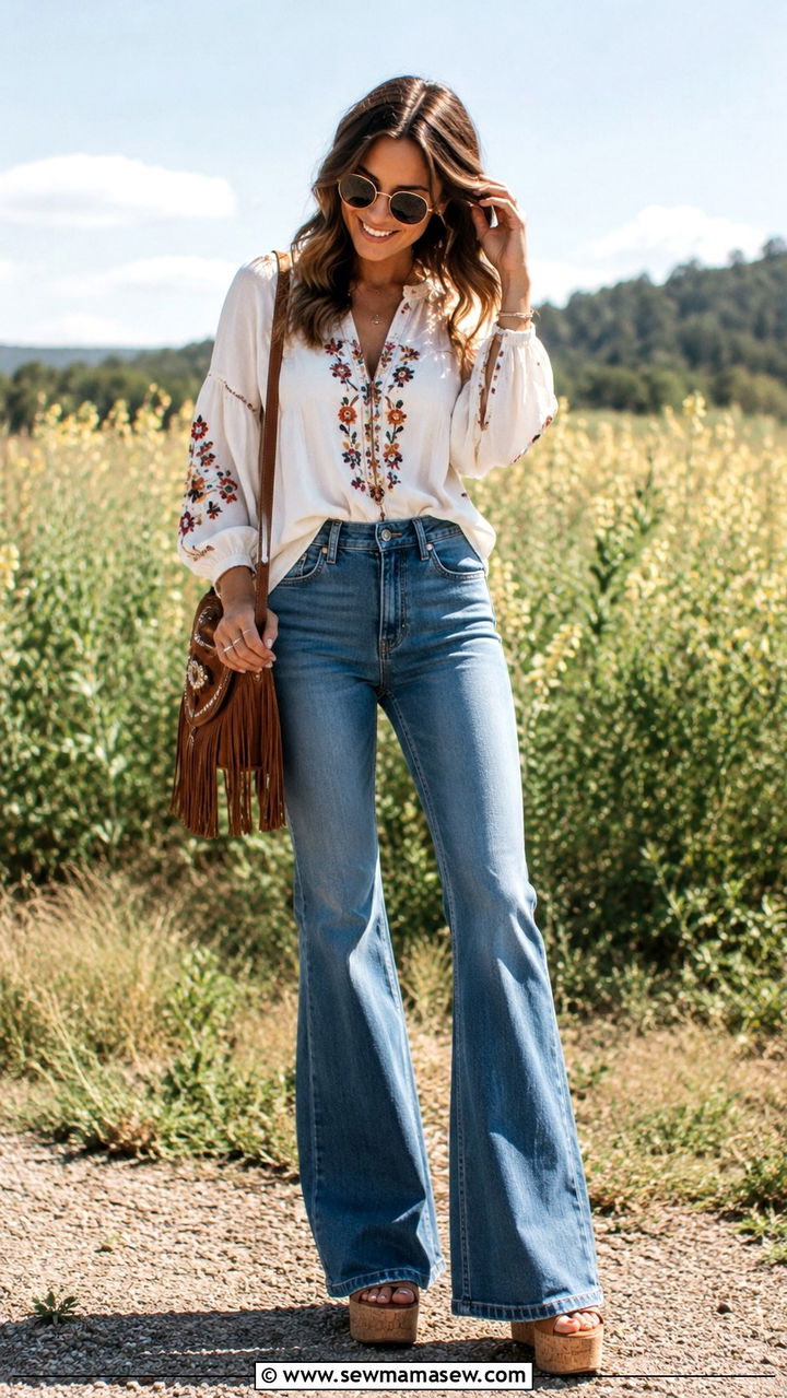 Boho Blouse And Flared Jeans With Wedges - 30 Spring outfits with wedges