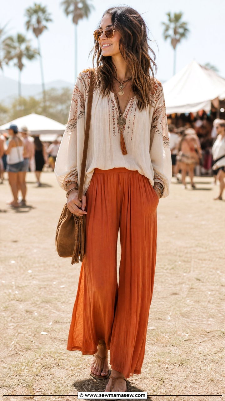 Boho Blouse And Flowy Pants With Crossbody Bag - 30 Summer outfits with crossbody bags