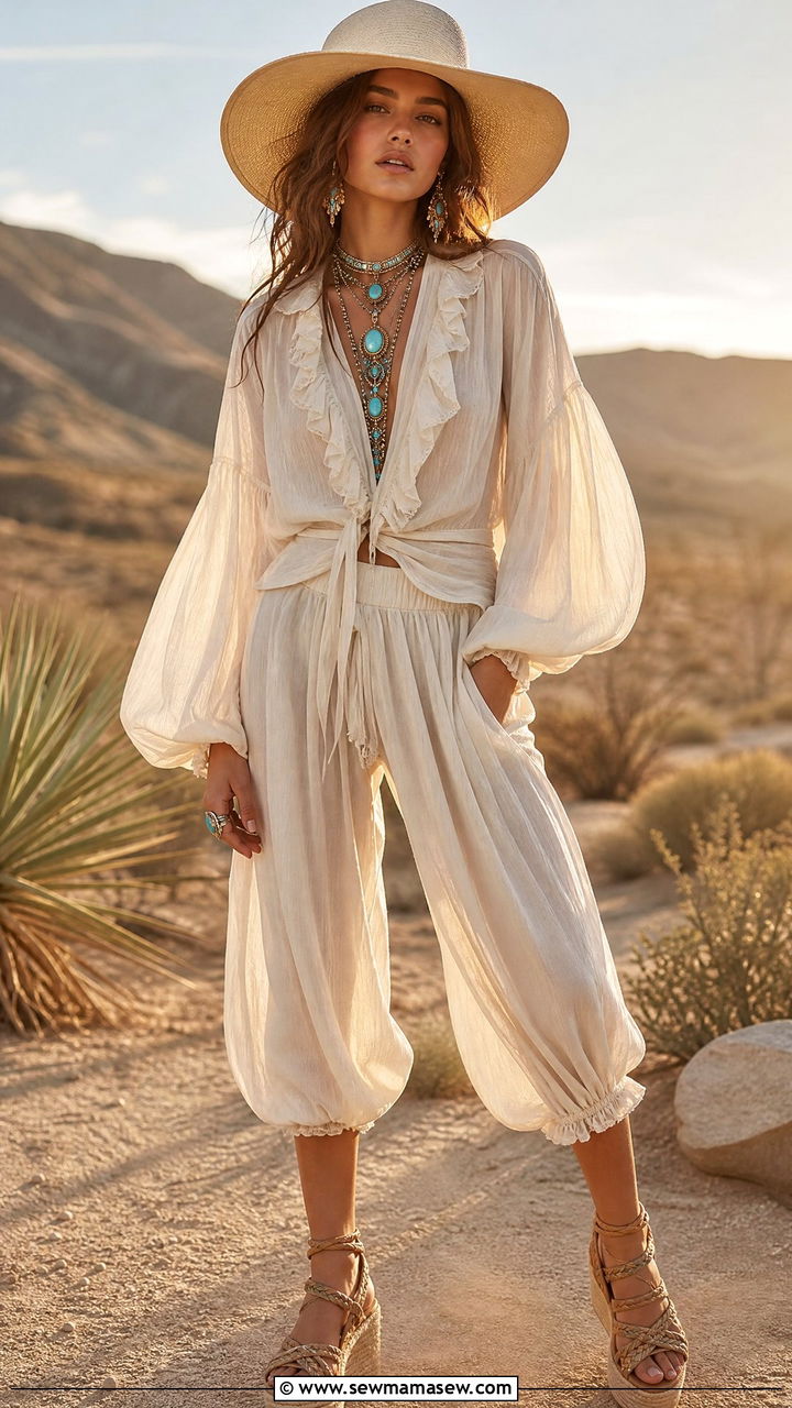 Boho Blouse With Bloomer Pants And Wedge Sandals - 20 Coachella outfits 2026
