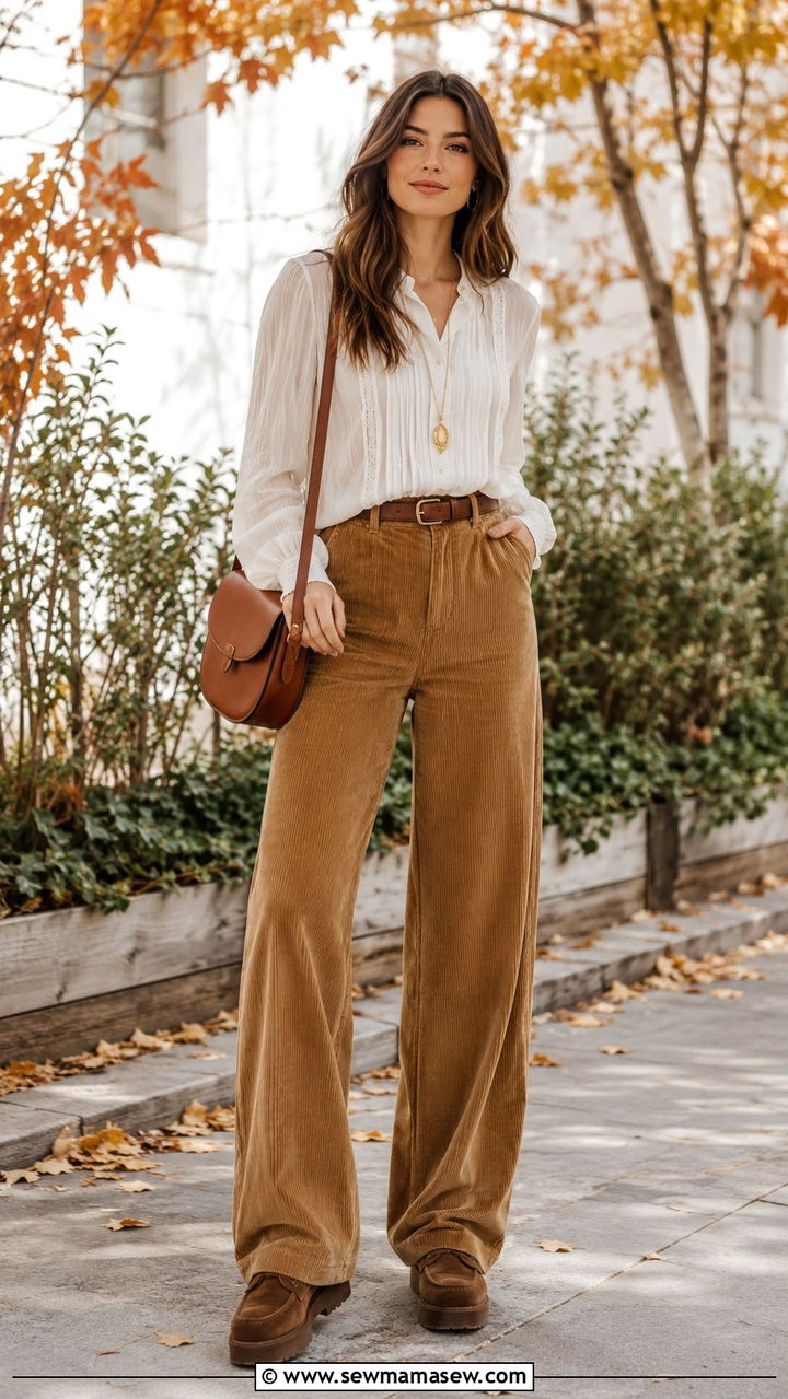 Boho Blouse With Corduroy Wide Leg Pants - 30 boho capsule wardrobe outfits