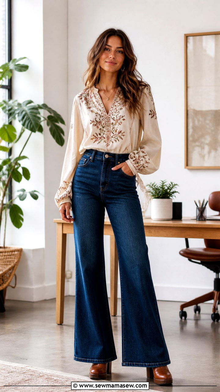 Boho Blouse With Dark Flared Jeans - 40 Casual office outfit ideas