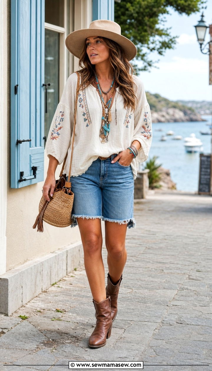 Boho Blouse with Denim Bermudas - 25 coastal cowgirl outfits inspo