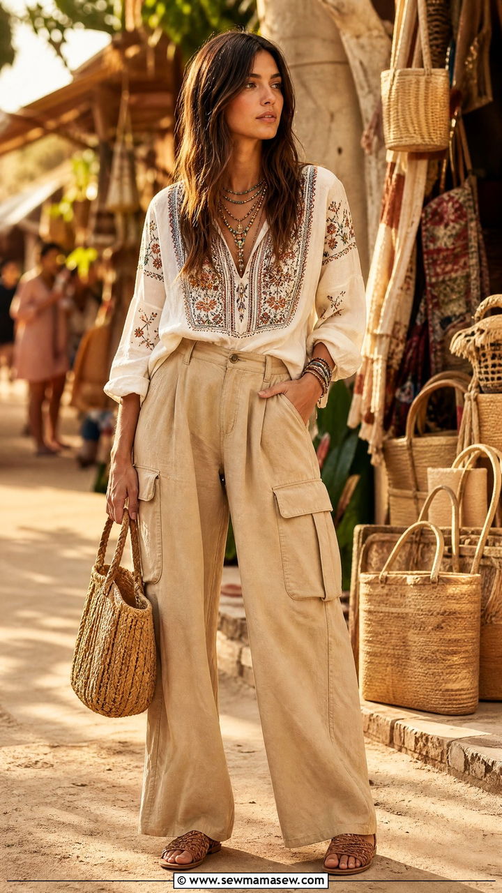 Boho Blouse with Wide Leg Cargo Pants and Woven Bag - 30 summer cargo pants outfit ideas